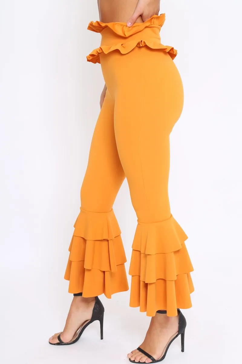 Mustard Frill Hem Triple Tiered Frill Hem Trousers - Karla