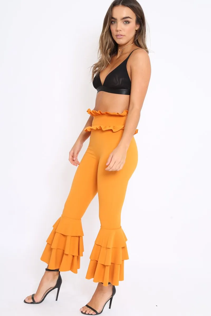 Mustard Frill Hem Triple Tiered Frill Hem Trousers - Karla