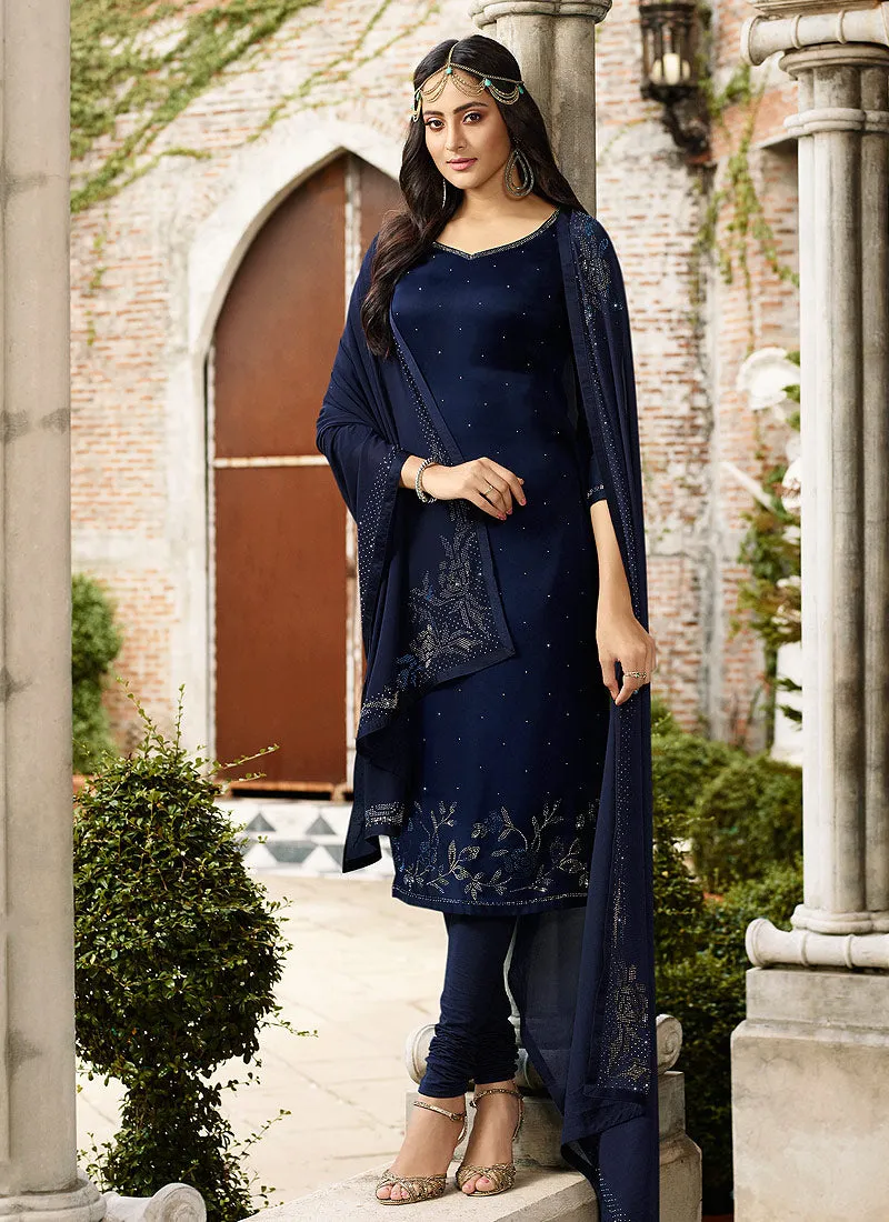 Navy Blue Crystal Embroidered Churidar Suit