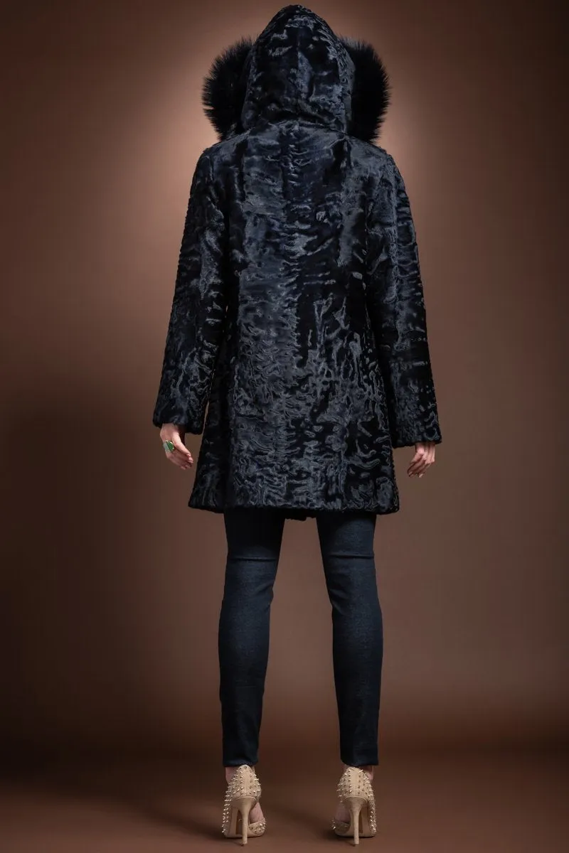 Navy Blue Hooded Fox Fur Trimmed A-Line Mid Length Karakul Fur Coat