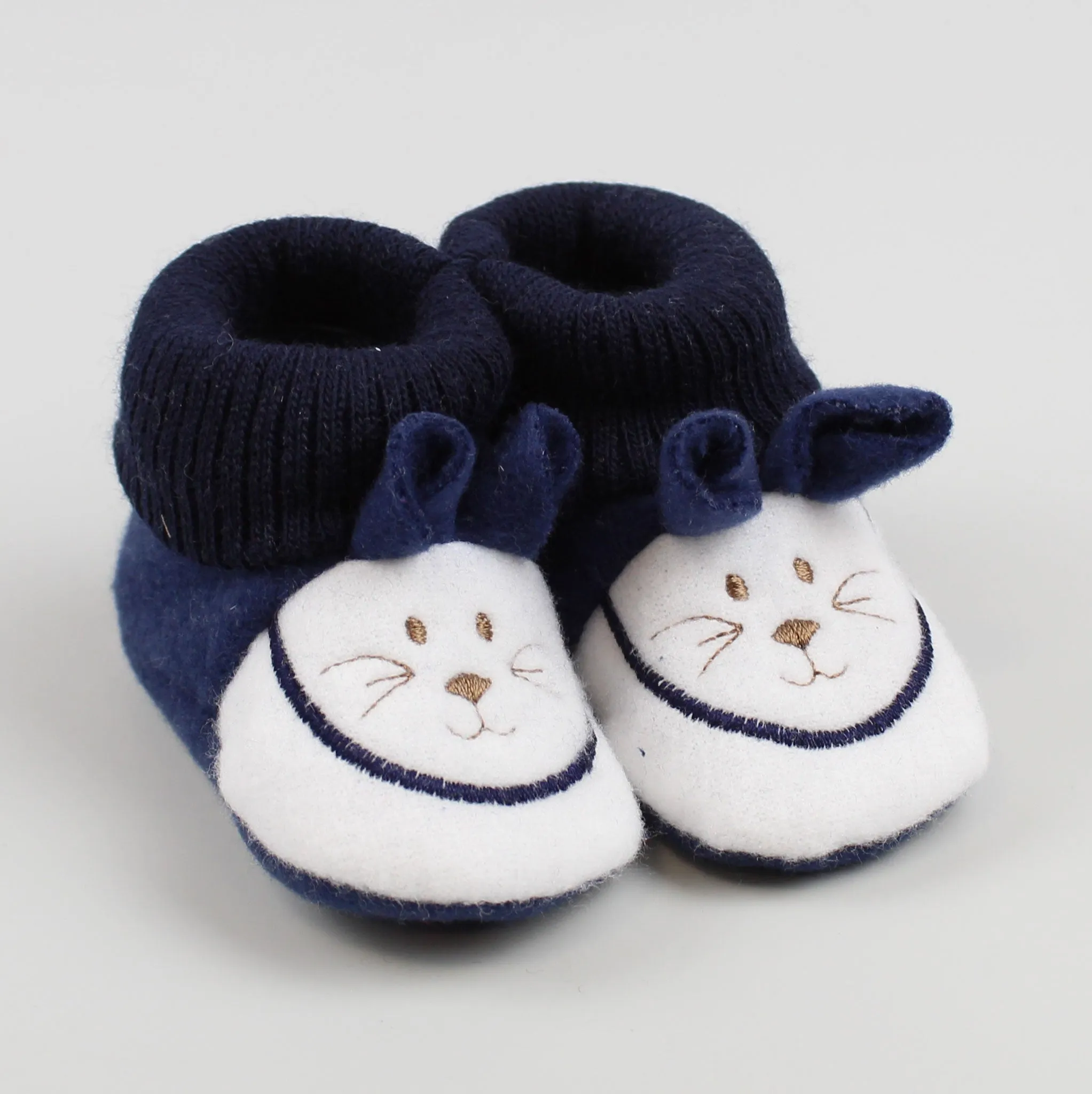 Navy Booties - with embroidered bunny - Newborn to 6 months