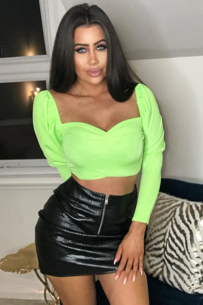 Neon Green Puff Sleeve Sweetheart Neckline Crop Top - Tomi