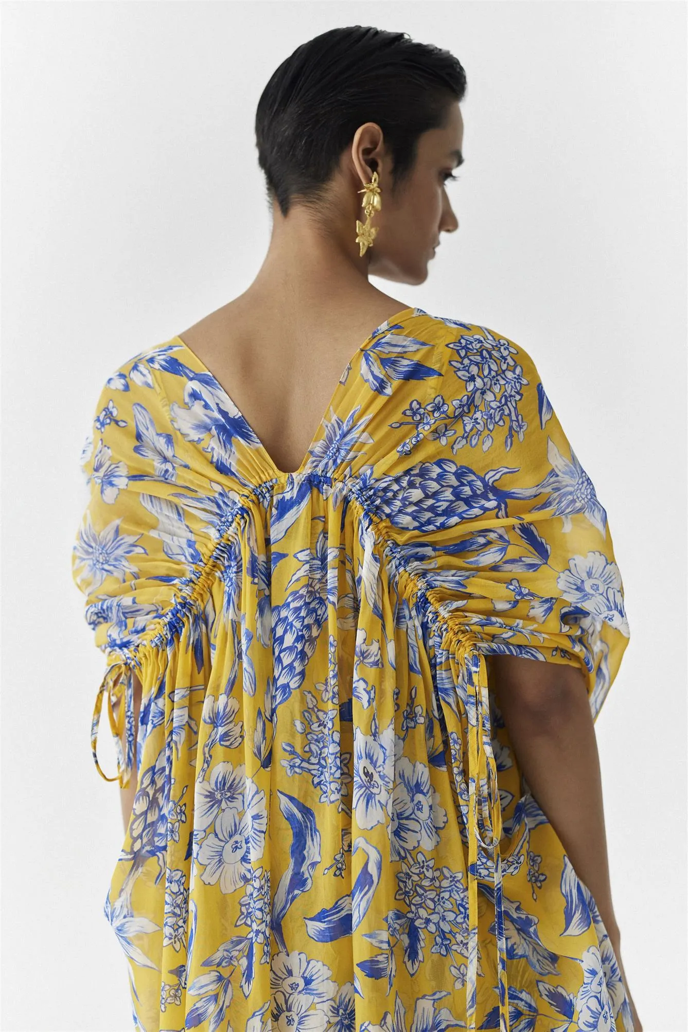 New Season Summer to Fall 2024-Cape drawstring Organza yellow Blue Pinepple Print-Studio Rigu-Fashion Edit Amazonico