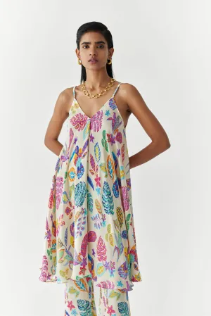New Season Summer to Fall 2024-Co-ord Amazon Strappy Kurta Flared Trousers Vegan Silk Beige Multi Color Bird Print-Studio Rigu-Fashion Edit Amazonico