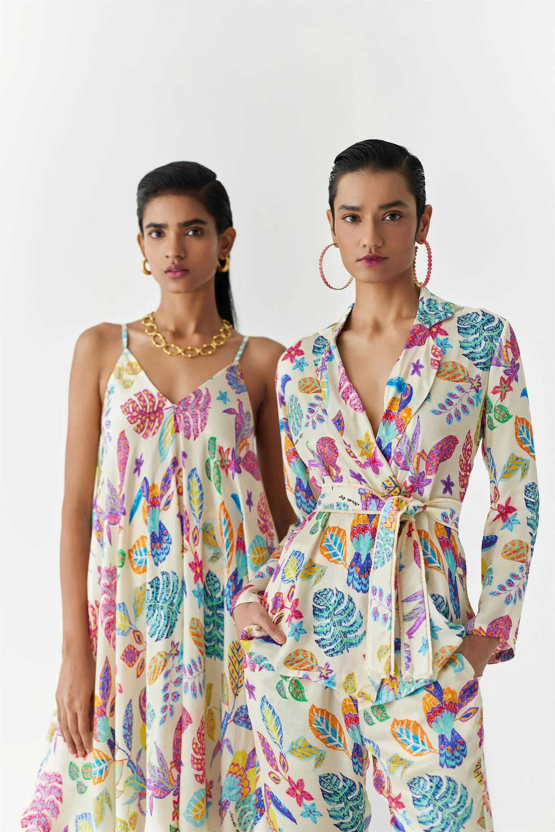 New Season Summer to Fall 2024-Co-ord Amazon Strappy Kurta Flared Trousers Vegan Silk Beige Multi Color Bird Print-Studio Rigu-Fashion Edit Amazonico