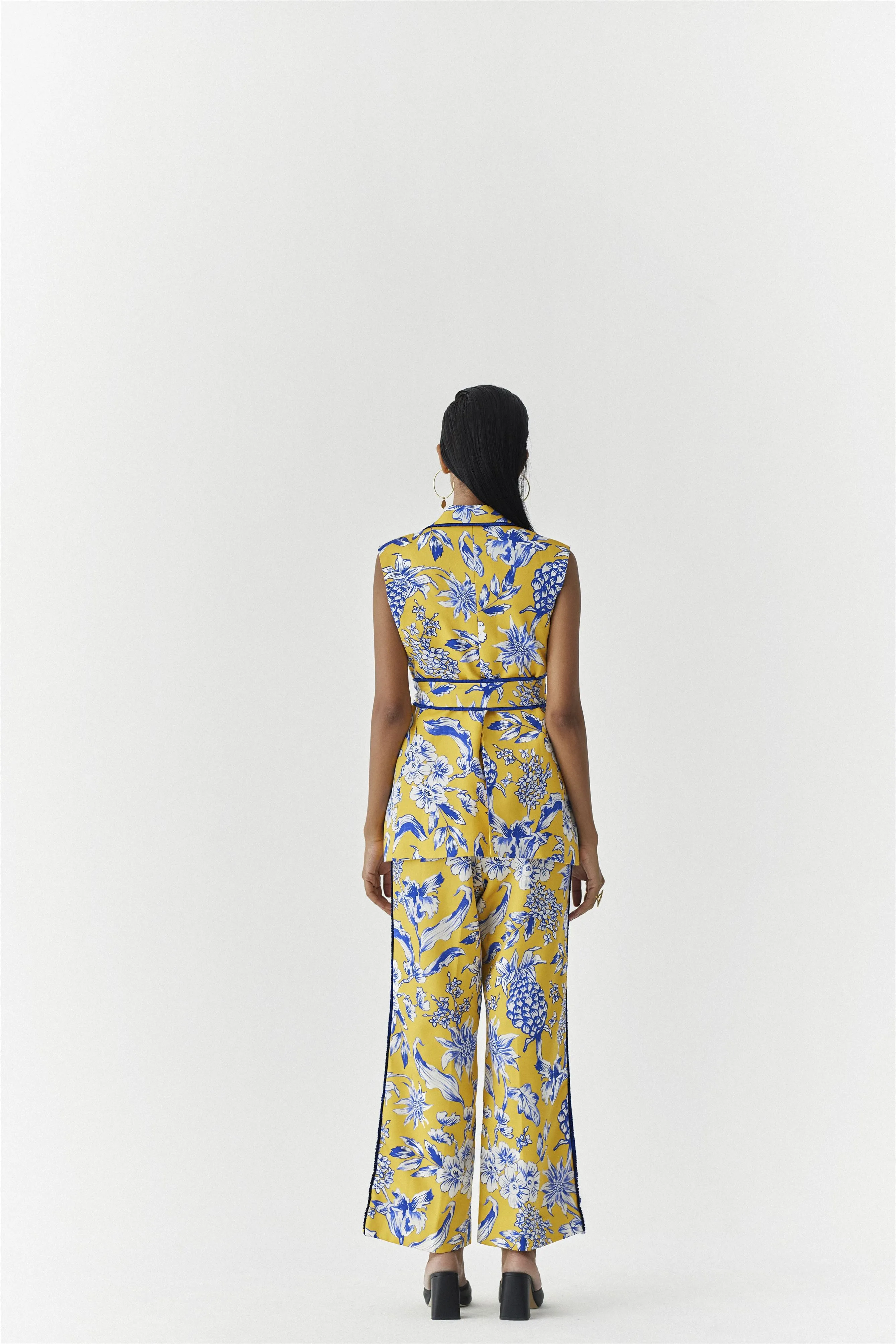 New Season Summer to Fall 2024-Co-ord Blazer Pants Vegan Silk yellow Blue Pinepple Print-Studio Rigu-Fashion Edit Amazonico