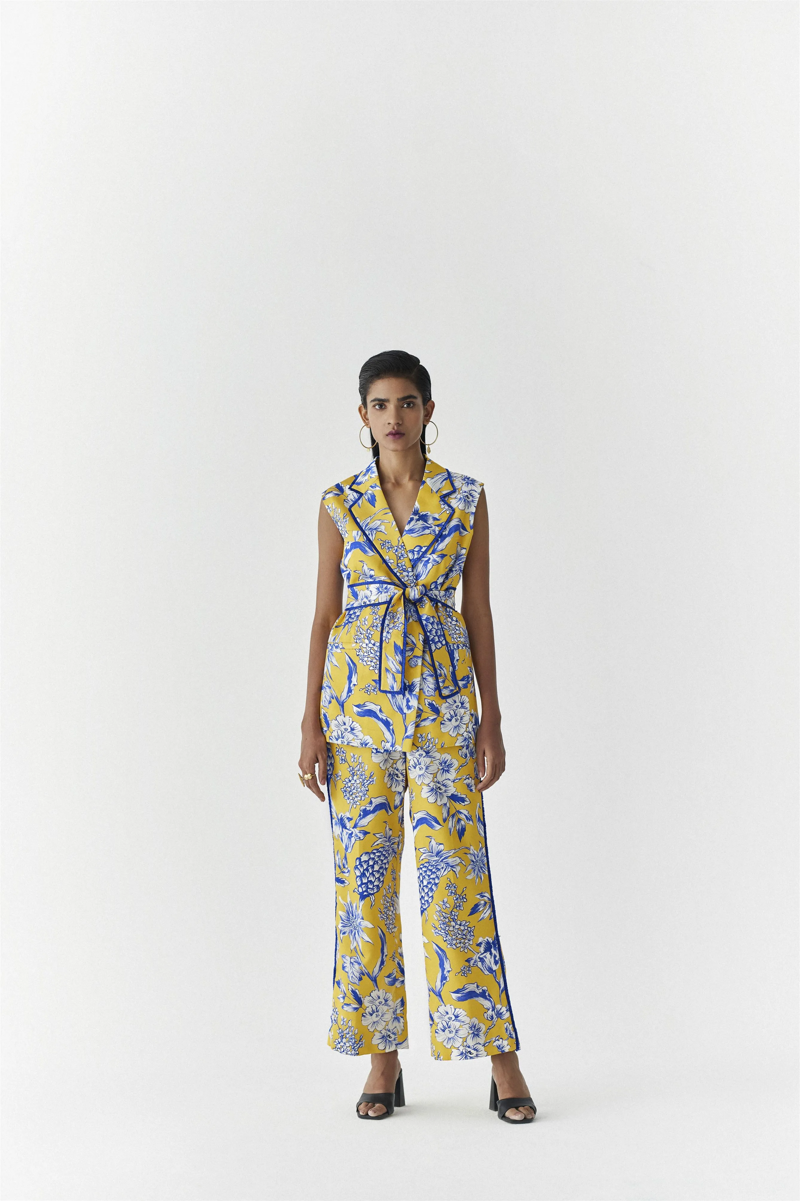 New Season Summer to Fall 2024-Co-ord Blazer Pants Vegan Silk yellow Blue Pinepple Print-Studio Rigu-Fashion Edit Amazonico