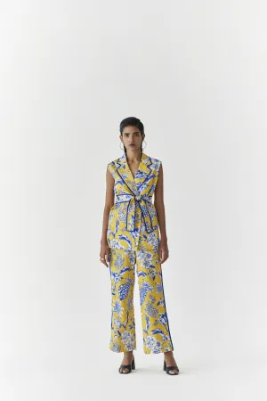 New Season Summer to Fall 2024-Co-ord Blazer Pants Vegan Silk yellow Blue Pinepple Print-Studio Rigu-Fashion Edit Amazonico