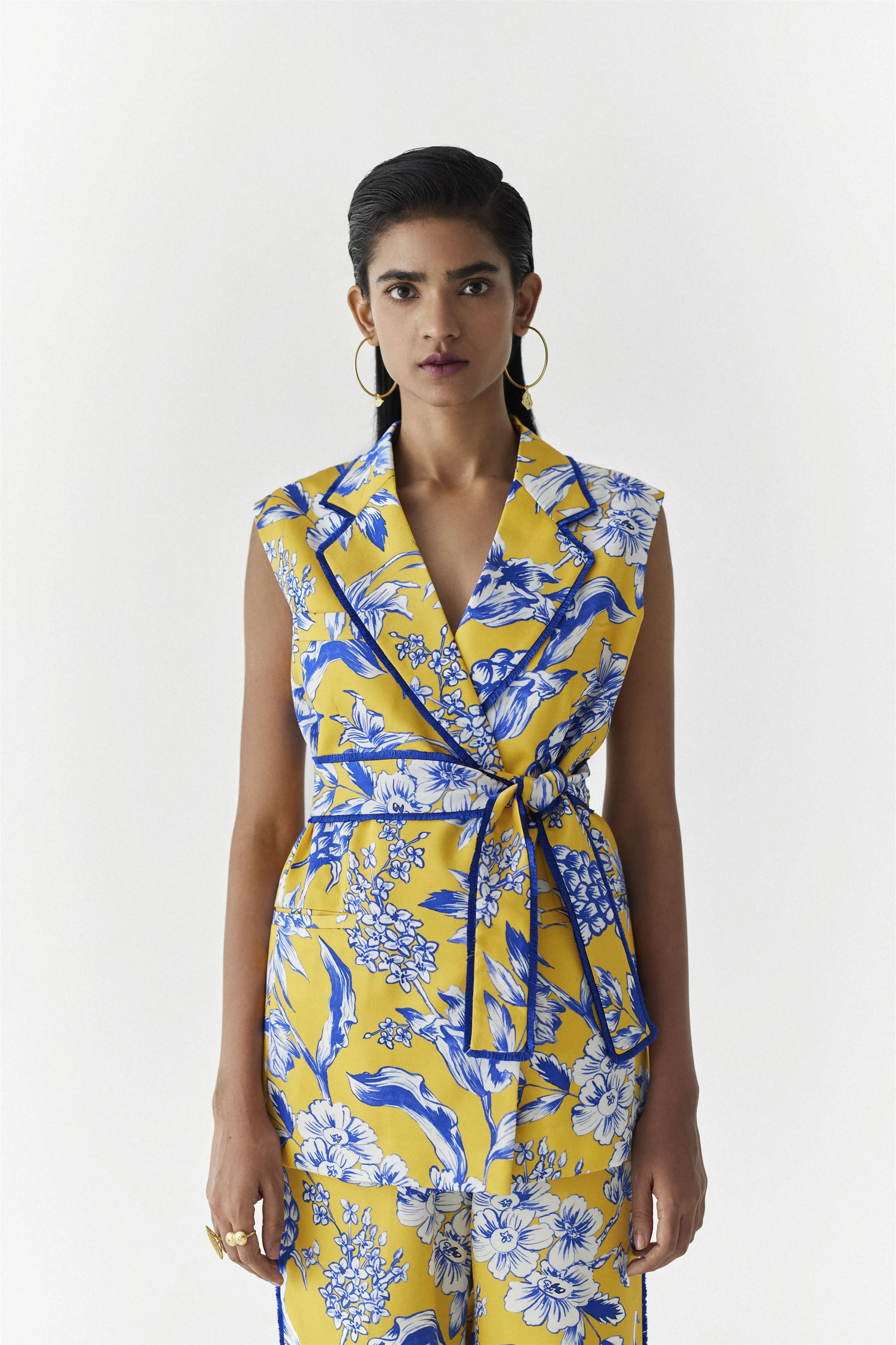 New Season Summer to Fall 2024-Co-ord Blazer Pants Vegan Silk yellow Blue Pinepple Print-Studio Rigu-Fashion Edit Amazonico