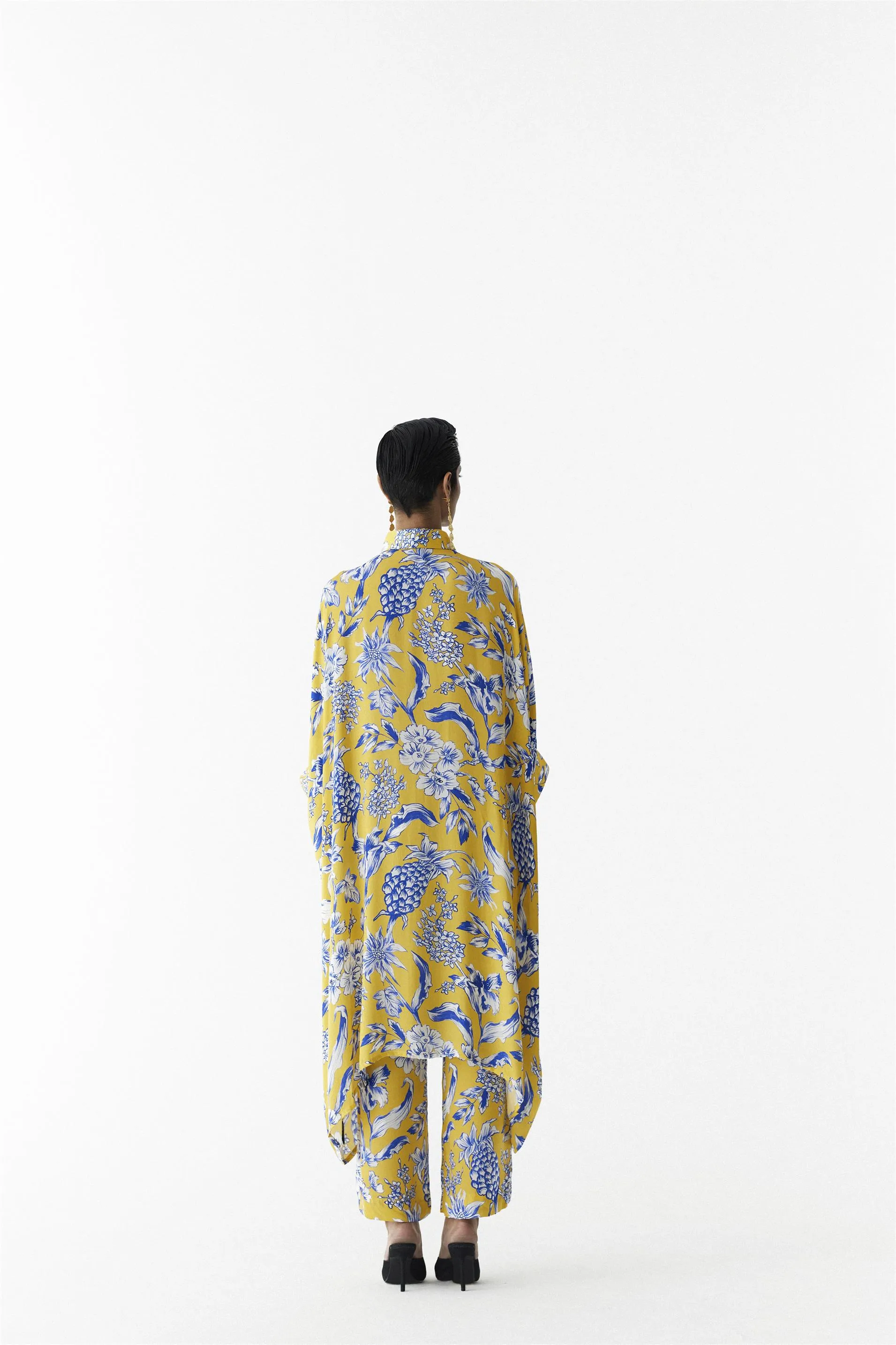 New Season Summer to Fall 2024-Co-ord Button Kimono Pants Vegan Silk yellow Blue Pinepple Print-Studio Rigu-Fashion Edit Amazonico