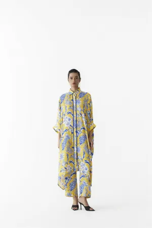 New Season Summer to Fall 2024-Co-ord Button Kimono Pants Vegan Silk yellow Blue Pinepple Print-Studio Rigu-Fashion Edit Amazonico