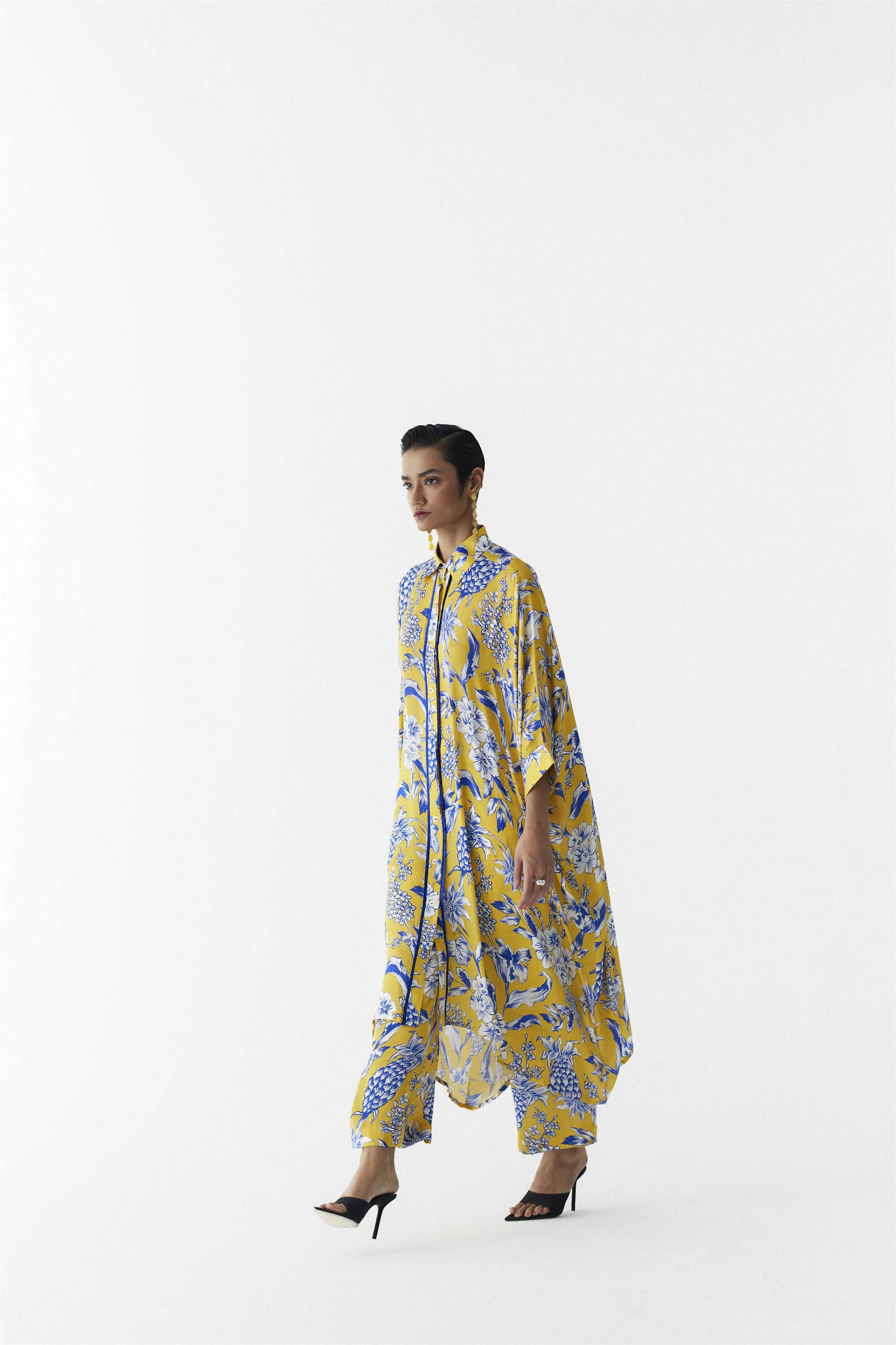 New Season Summer to Fall 2024-Co-ord Button Kimono Pants Vegan Silk yellow Blue Pinepple Print-Studio Rigu-Fashion Edit Amazonico