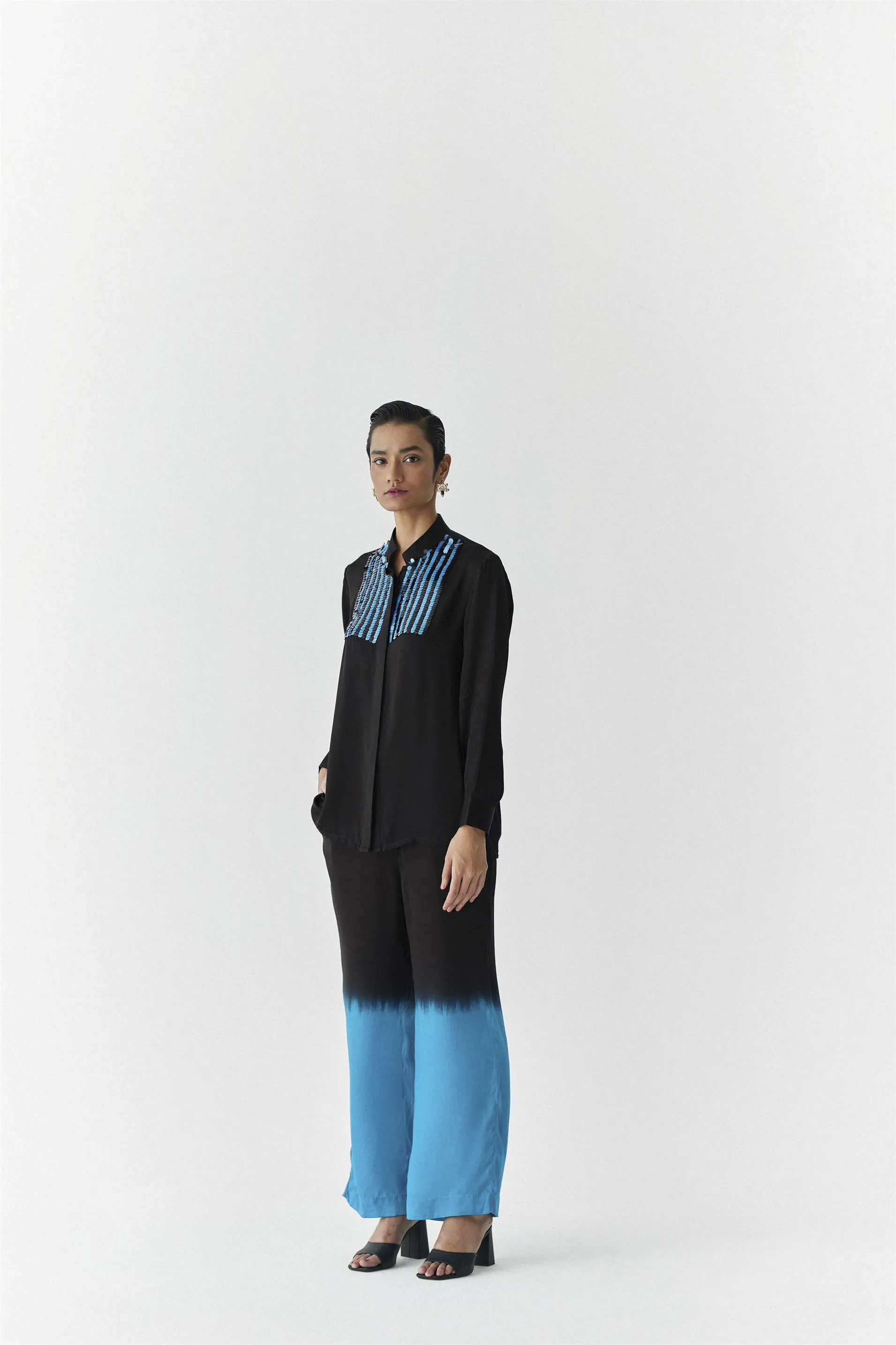 New Season Summer to Fall 2024-Co-ord Enchanted Dip Dye Shirt Trousers Vegan Silk Blue to Black Ombre-Studio Rigu-Fashion Edit Amazonico