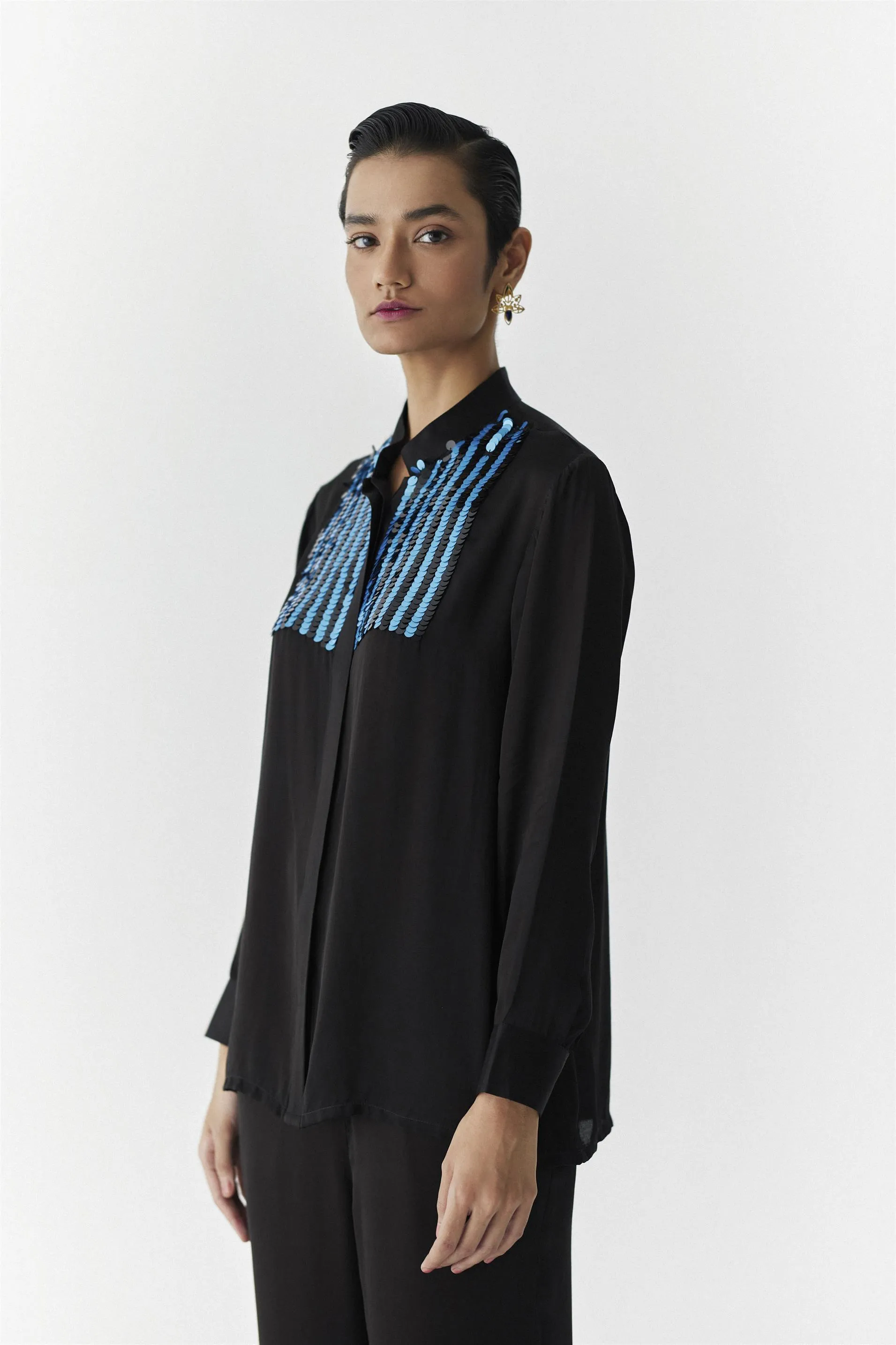 New Season Summer to Fall 2024-Co-ord Enchanted Dip Dye Shirt Trousers Vegan Silk Blue to Black Ombre-Studio Rigu-Fashion Edit Amazonico