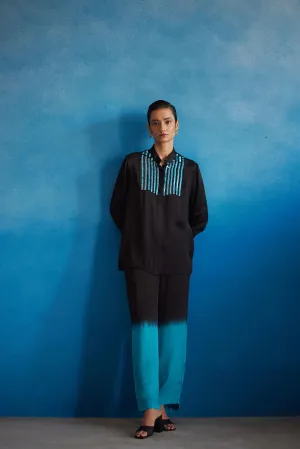 New Season Summer to Fall 2024-Co-ord Enchanted Dip Dye Shirt Trousers Vegan Silk Blue to Black Ombre-Studio Rigu-Fashion Edit Amazonico