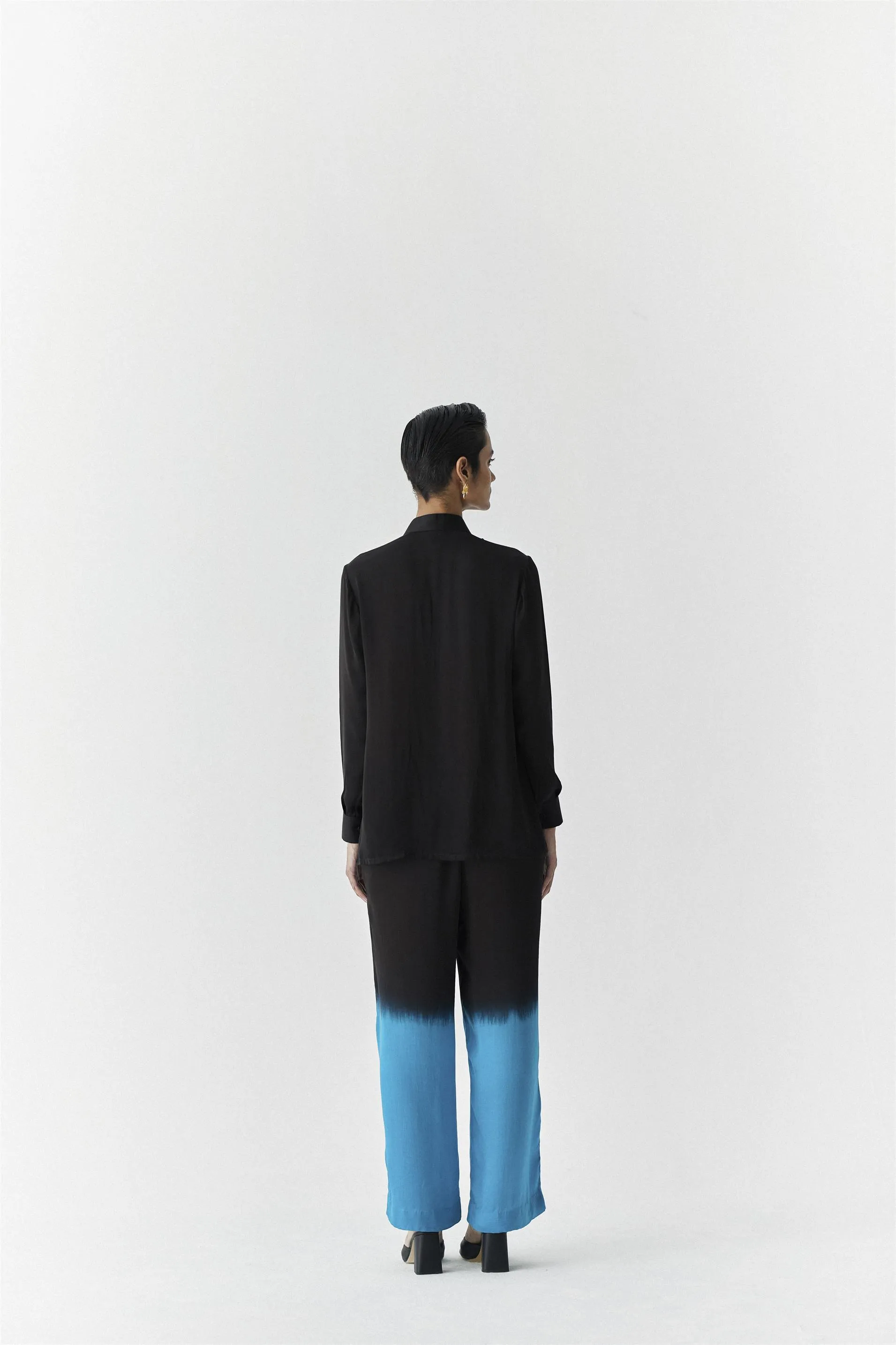 New Season Summer to Fall 2024-Co-ord Enchanted Dip Dye Shirt Trousers Vegan Silk Blue to Black Ombre-Studio Rigu-Fashion Edit Amazonico
