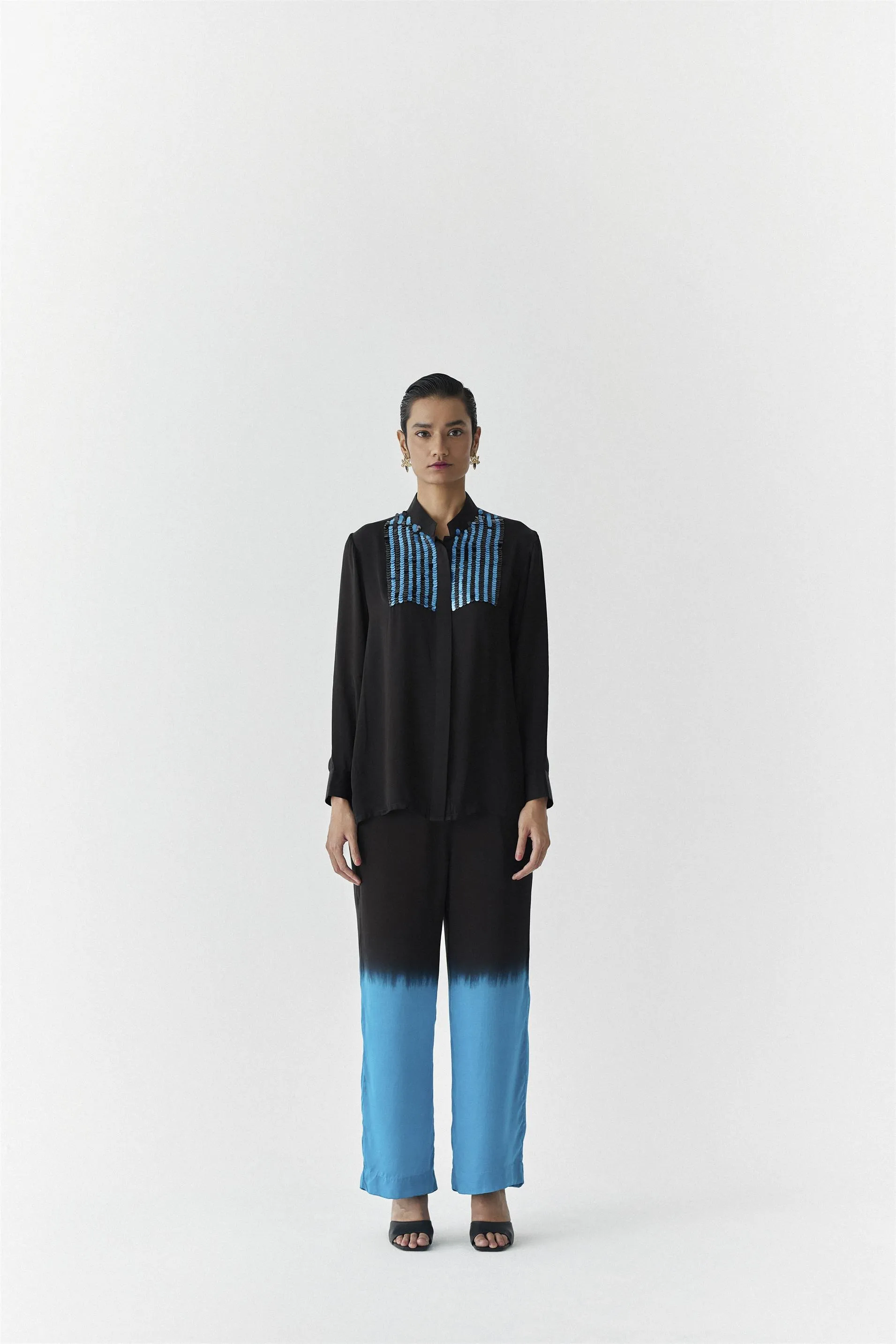New Season Summer to Fall 2024-Co-ord Enchanted Dip Dye Shirt Trousers Vegan Silk Blue to Black Ombre-Studio Rigu-Fashion Edit Amazonico