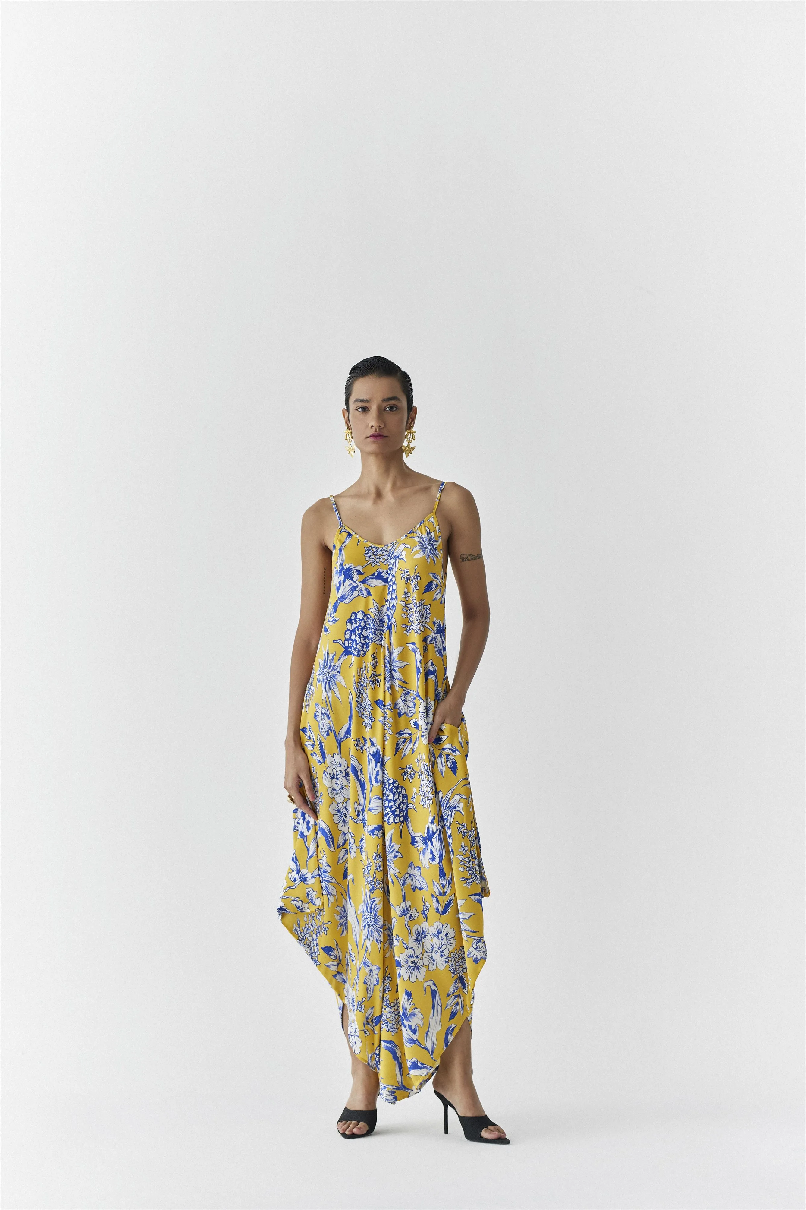 New Season Summer to Fall 2024-Co-ord Strappy Jumpsuit Cape Vegan Silk yellow Blue Pinepple Print-Studio Rigu-Fashion Edit Amazonico
