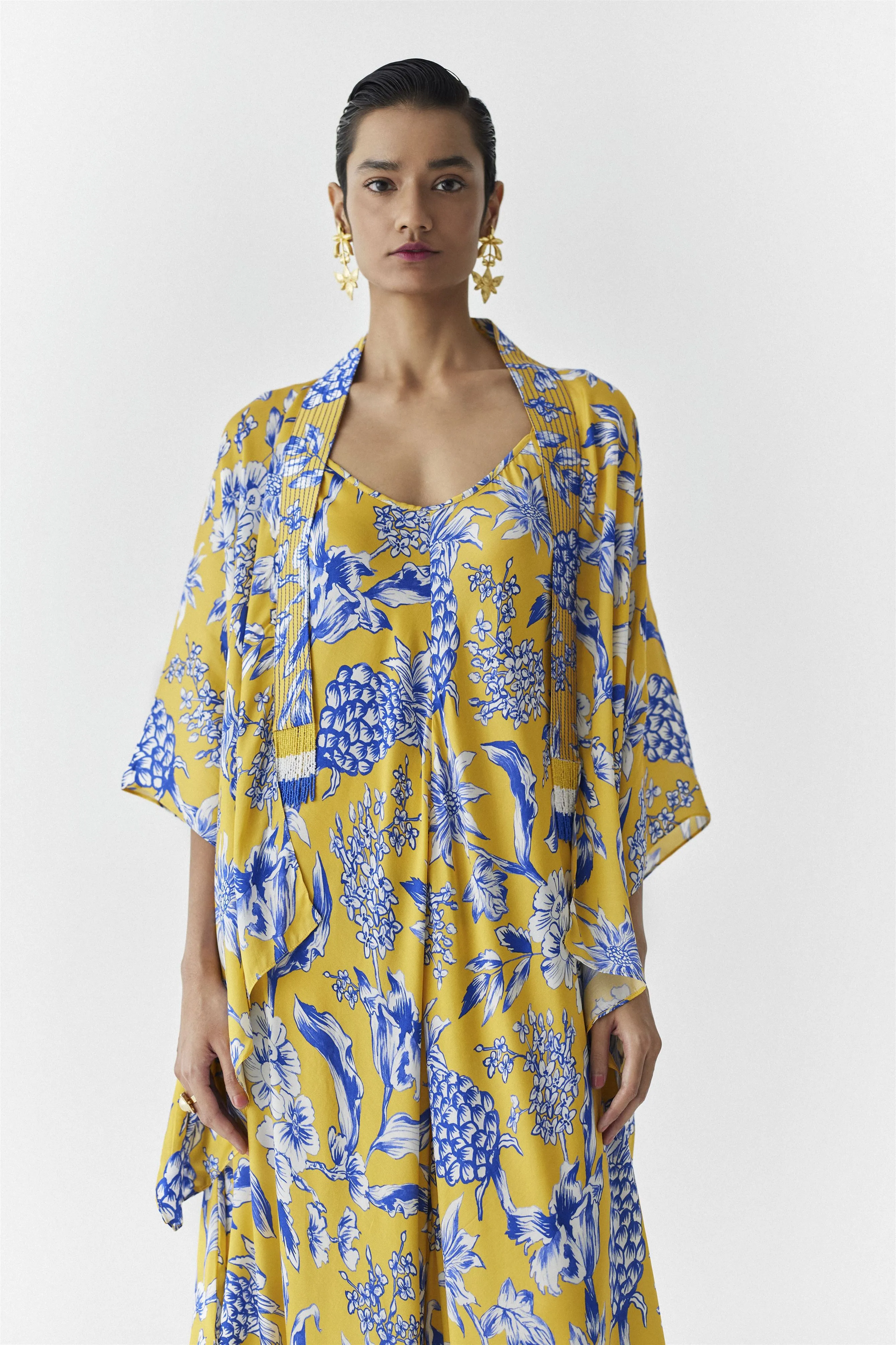New Season Summer to Fall 2024-Co-ord Strappy Jumpsuit Cape Vegan Silk yellow Blue Pinepple Print-Studio Rigu-Fashion Edit Amazonico