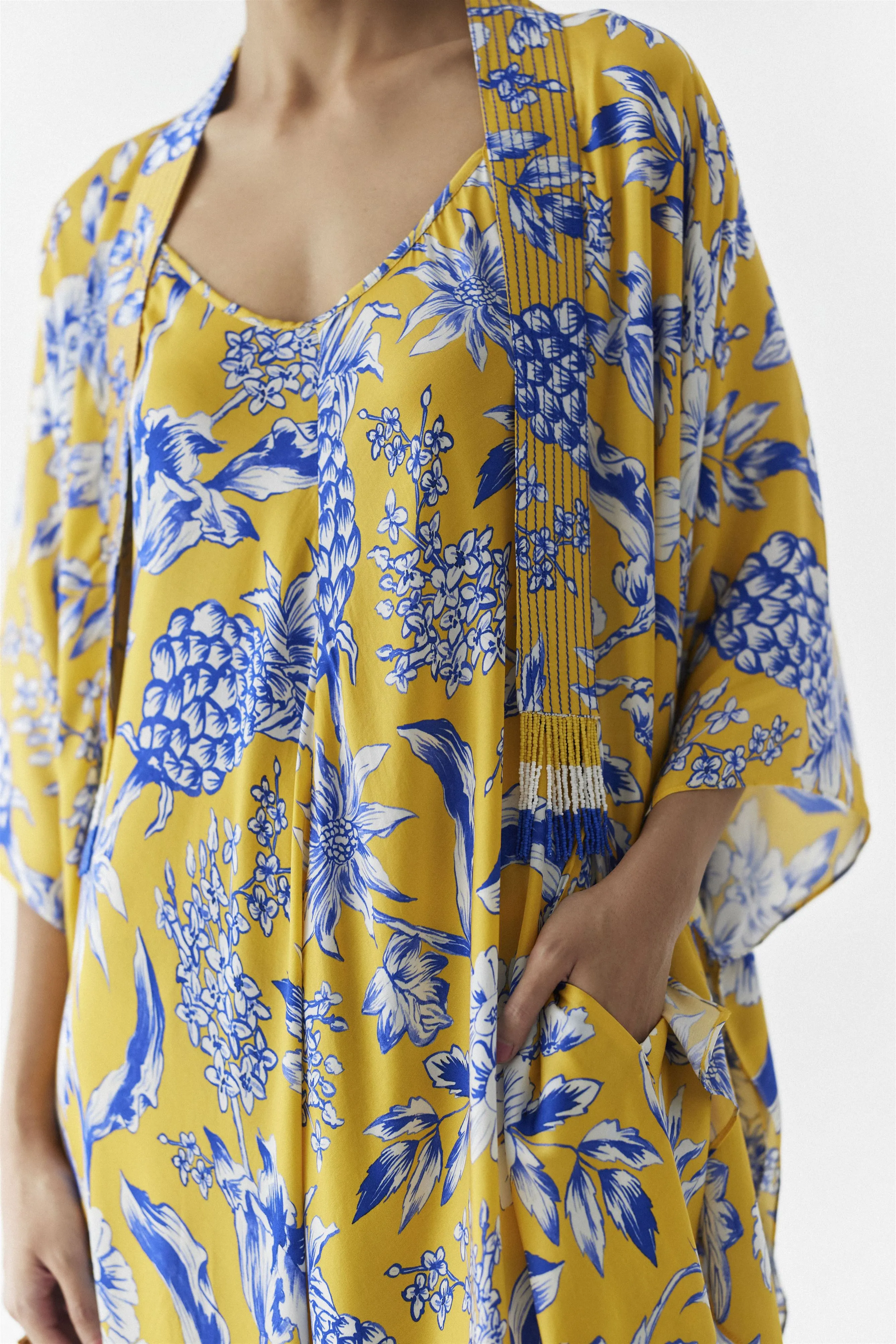 New Season Summer to Fall 2024-Co-ord Strappy Jumpsuit Cape Vegan Silk yellow Blue Pinepple Print-Studio Rigu-Fashion Edit Amazonico