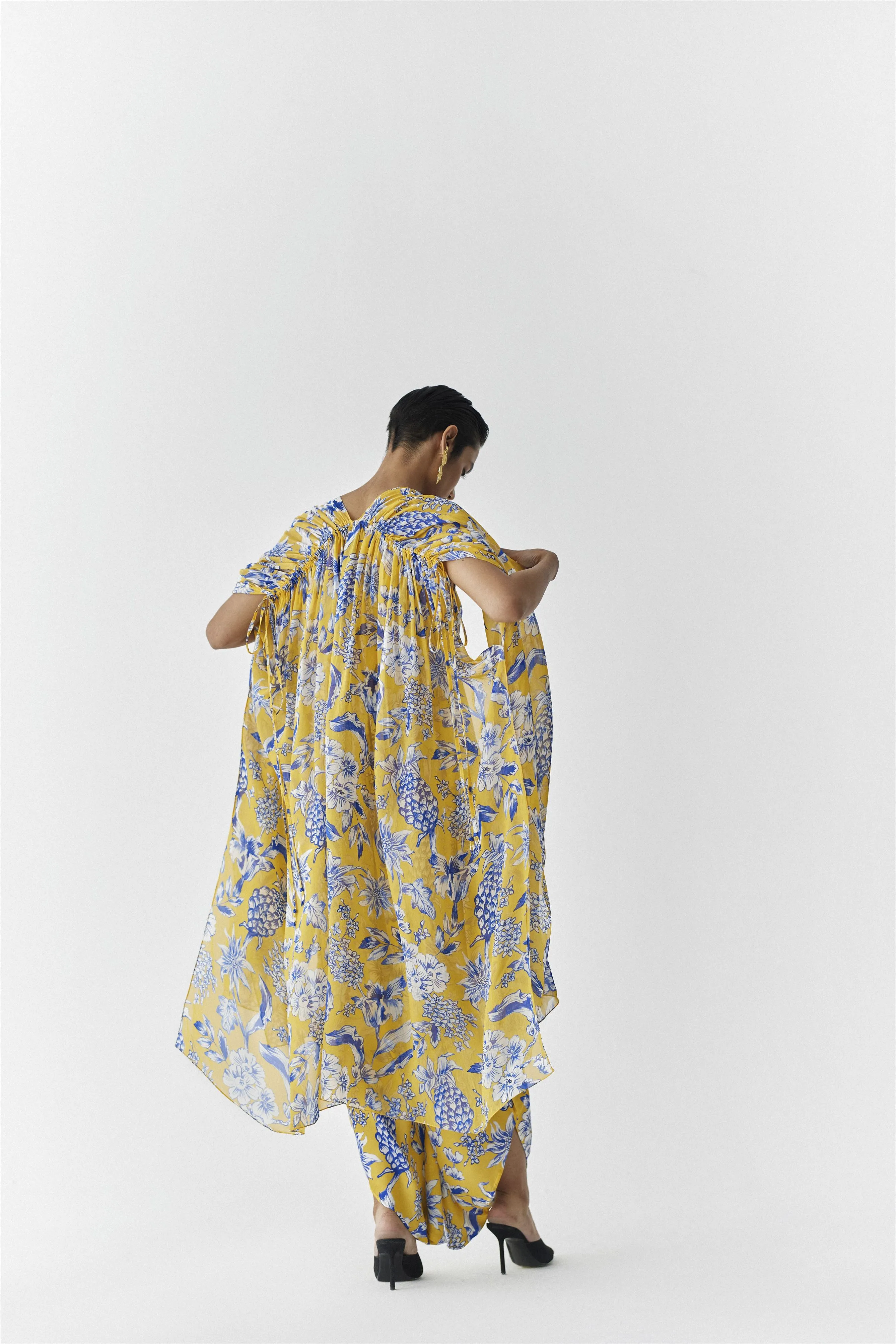 New Season Summer to Fall 2024-Co-ord Strappy Jumpsuit Cape Vegan Silk yellow Blue Pinepple Print-Studio Rigu-Fashion Edit Amazonico