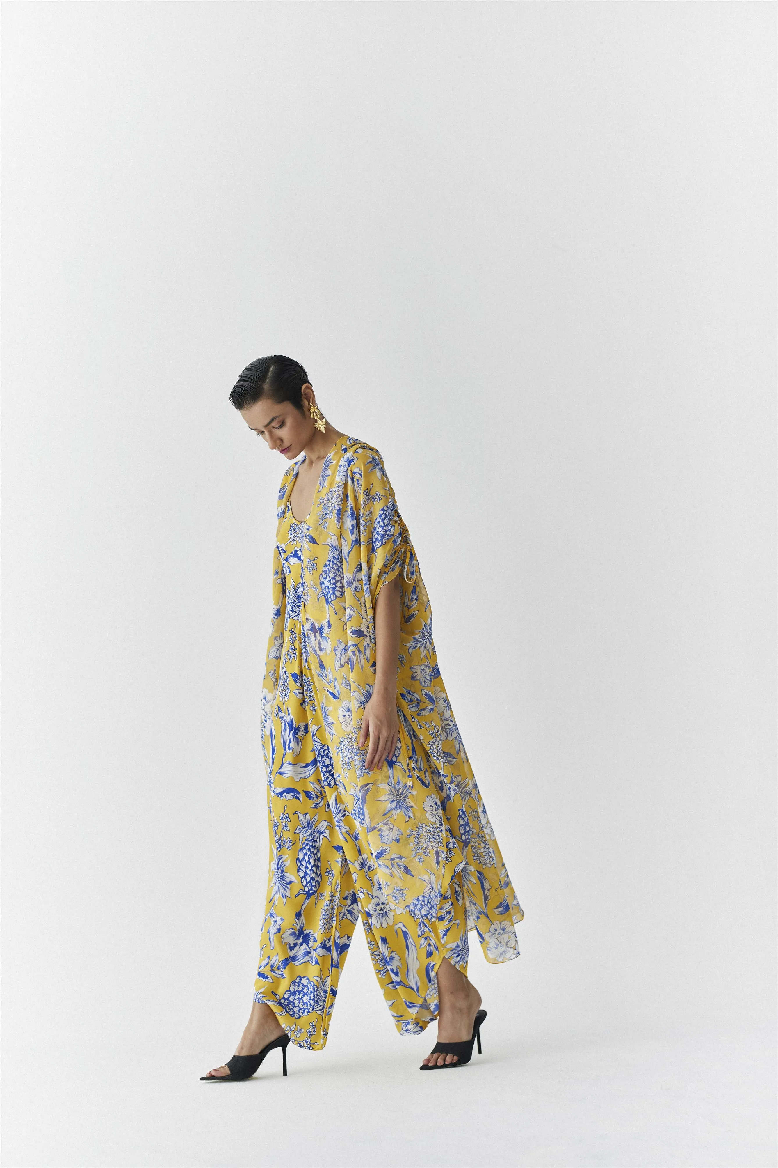 New Season Summer to Fall 2024-Co-ord Strappy Jumpsuit Cape Vegan Silk yellow Blue Pinepple Print-Studio Rigu-Fashion Edit Amazonico