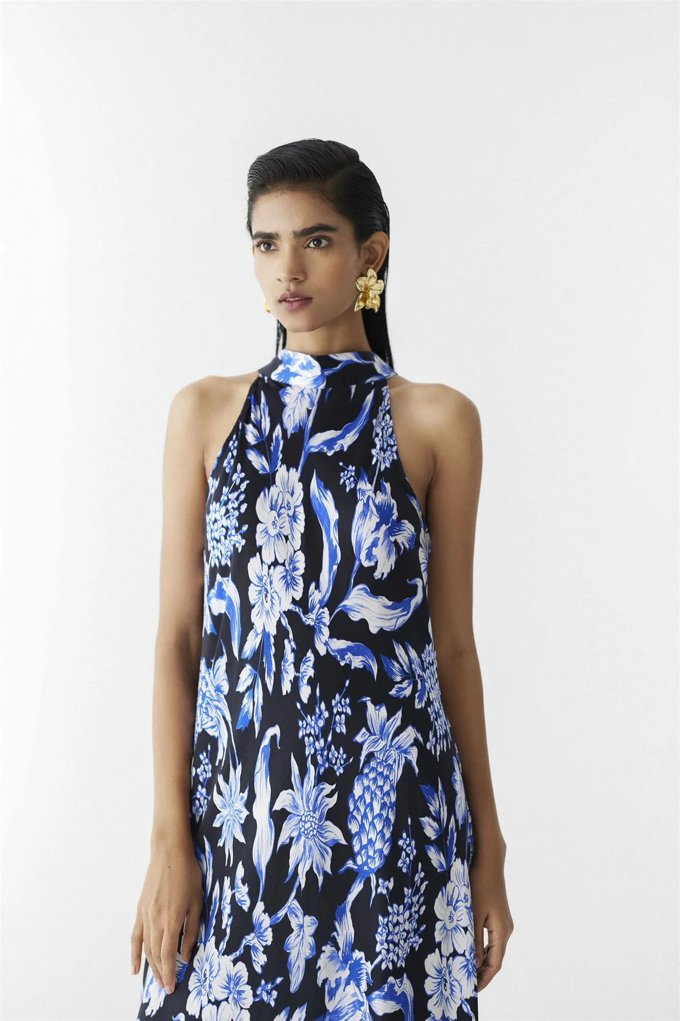 New Season Summer to Fall 2024-Dress Halter Vegan Silk Black Blue Pineapple Print-Studio Rigu-Fashion Edit Amazonico