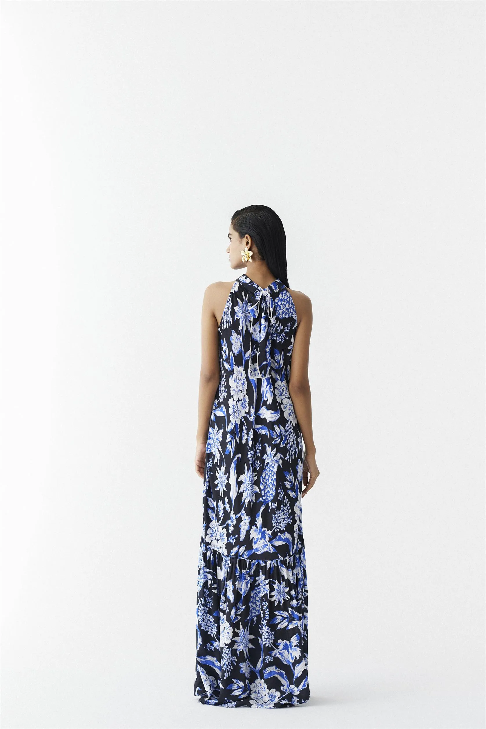 New Season Summer to Fall 2024-Dress Halter Vegan Silk Black Blue Pineapple Print-Studio Rigu-Fashion Edit Amazonico