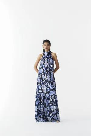 New Season Summer to Fall 2024-Dress Halter Vegan Silk Black Blue Pineapple Print-Studio Rigu-Fashion Edit Amazonico