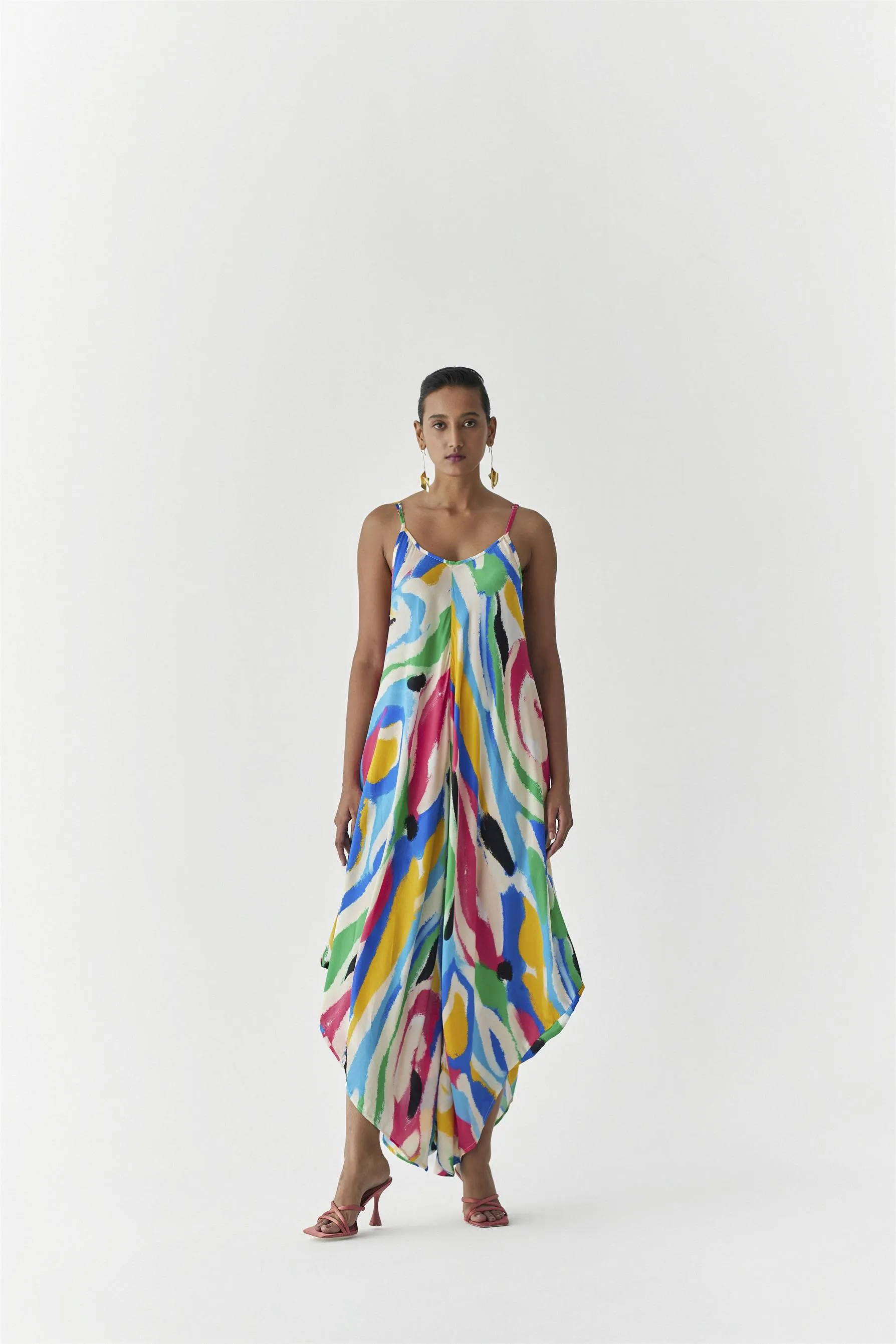 New Season Summer to Fall 2024-Jumpsuit Brushstroke Vegan Silk Multi Color Abstract Print-Studio Rigu-Fashion Edit Amazonico