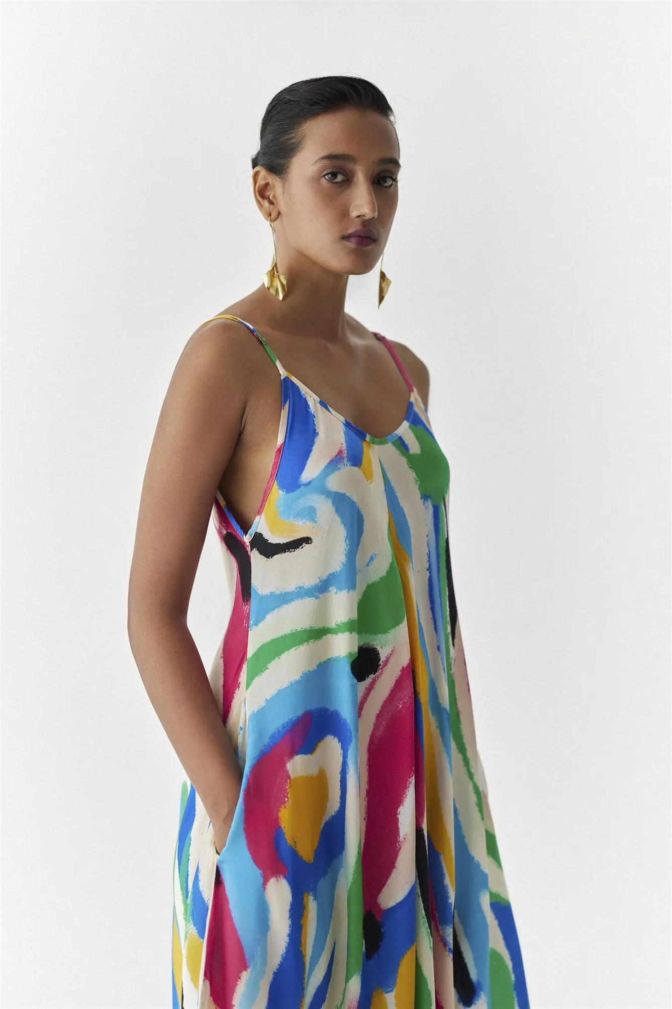 New Season Summer to Fall 2024-Jumpsuit Brushstroke Vegan Silk Multi Color Abstract Print-Studio Rigu-Fashion Edit Amazonico