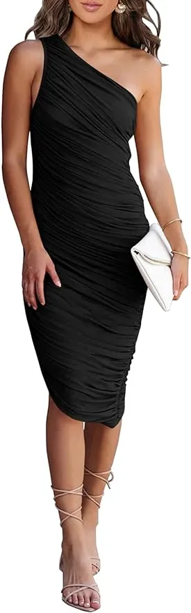 New with tags! PRETTYGARDEN Women's Ruched Bodycon Dress One Shoulder Sleeveless Party Cocktail Midi Pencil Dress Black, Sz XL! Fits True, Retails $60 