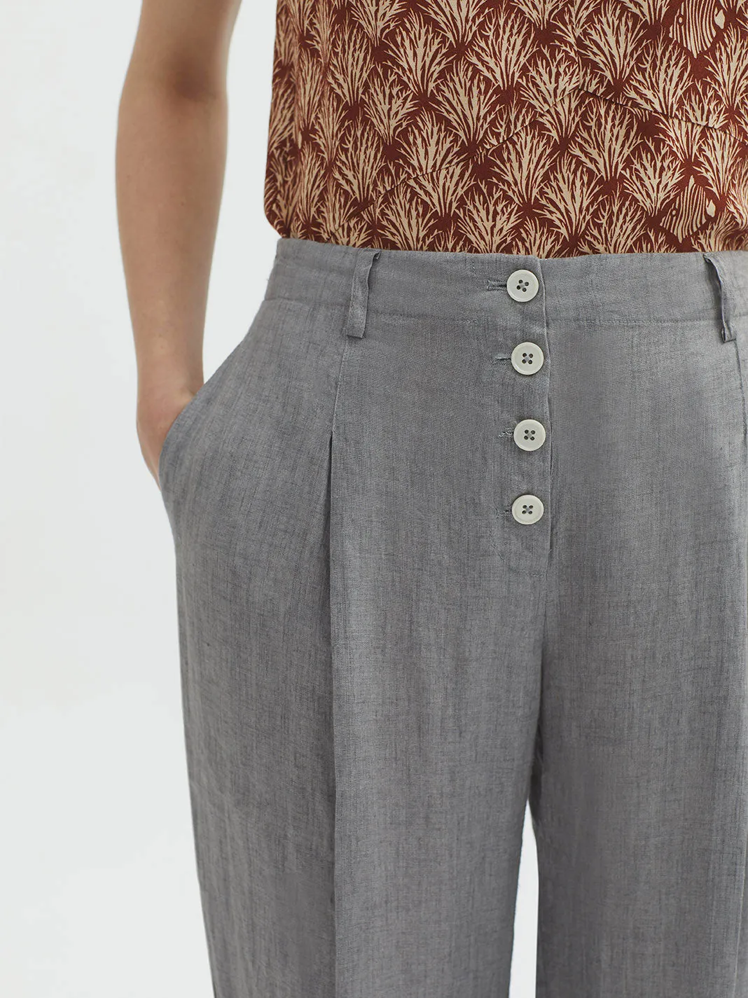 Nice Things Linen Button Pants - Grey