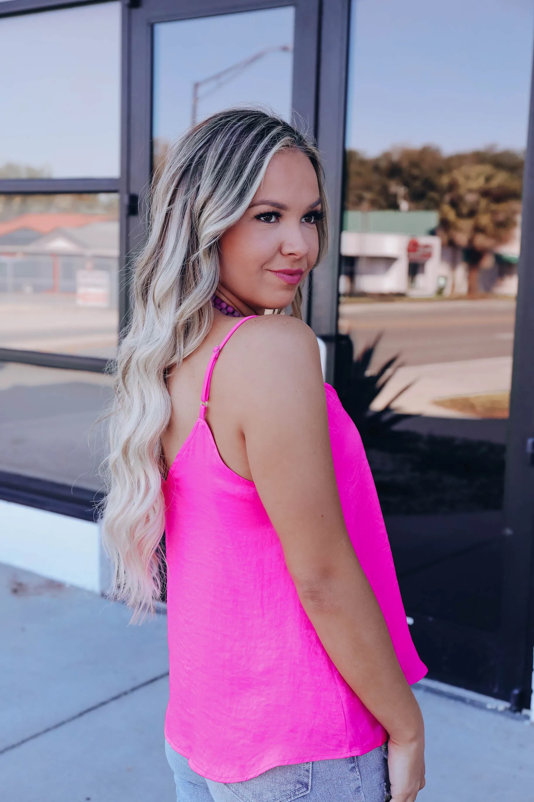 Nicole Satin Cami Top - Neon Fuchsia