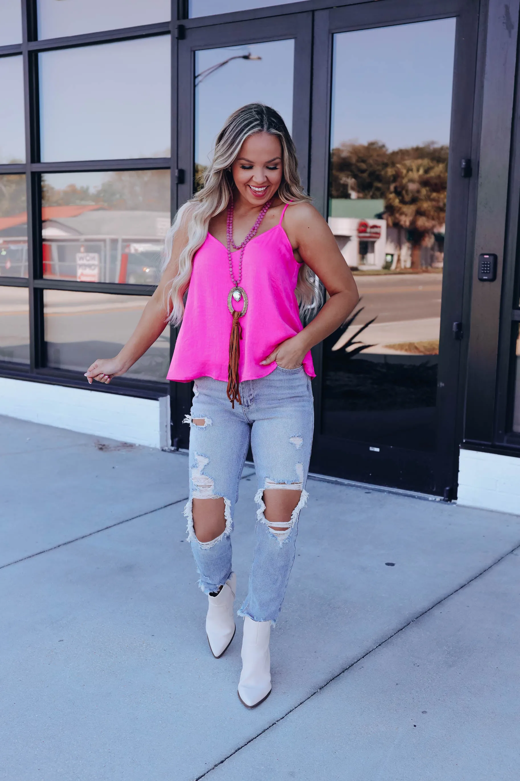 Nicole Satin Cami Top - Neon Fuchsia