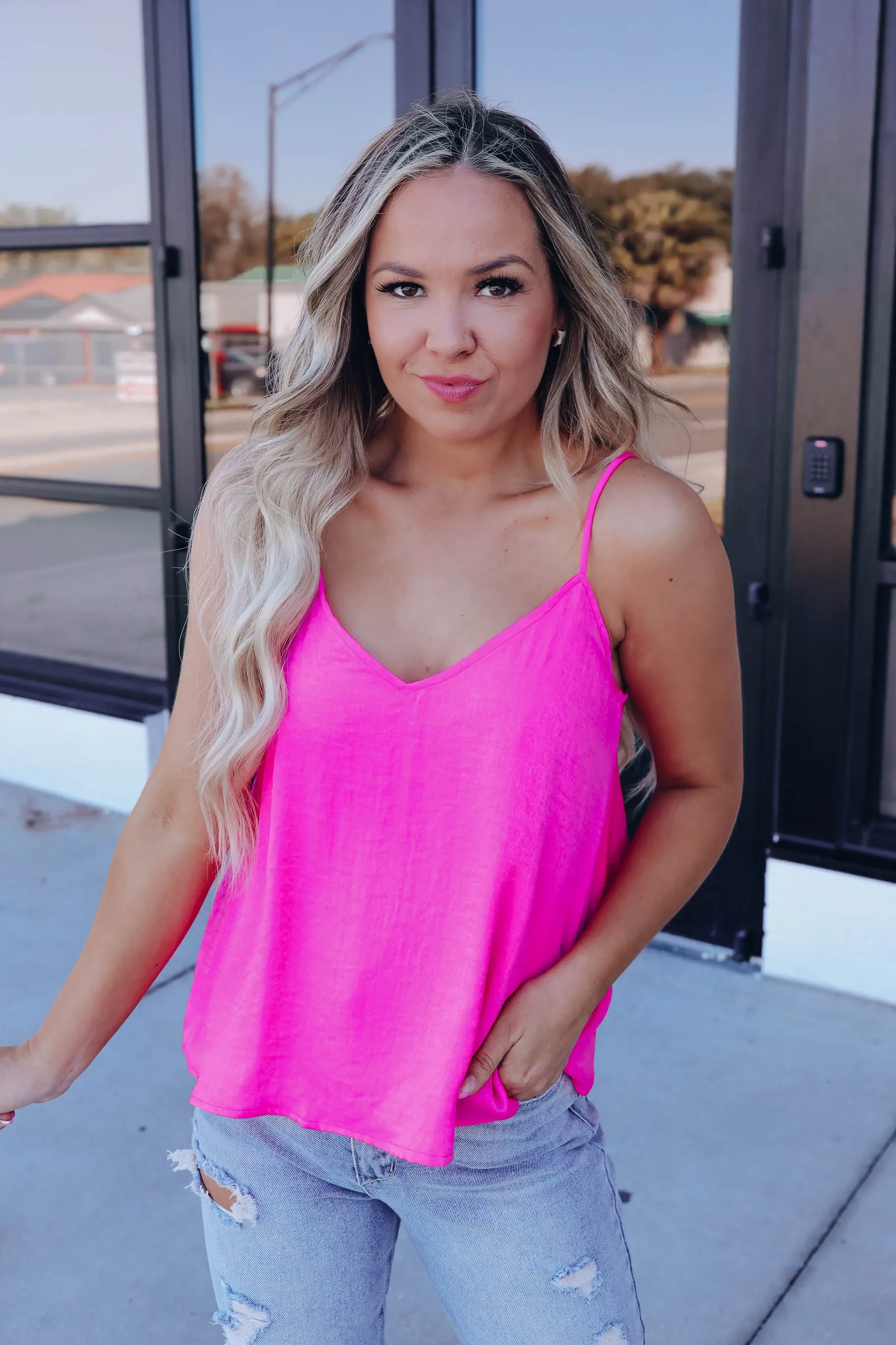 Nicole Satin Cami Top - Neon Fuchsia