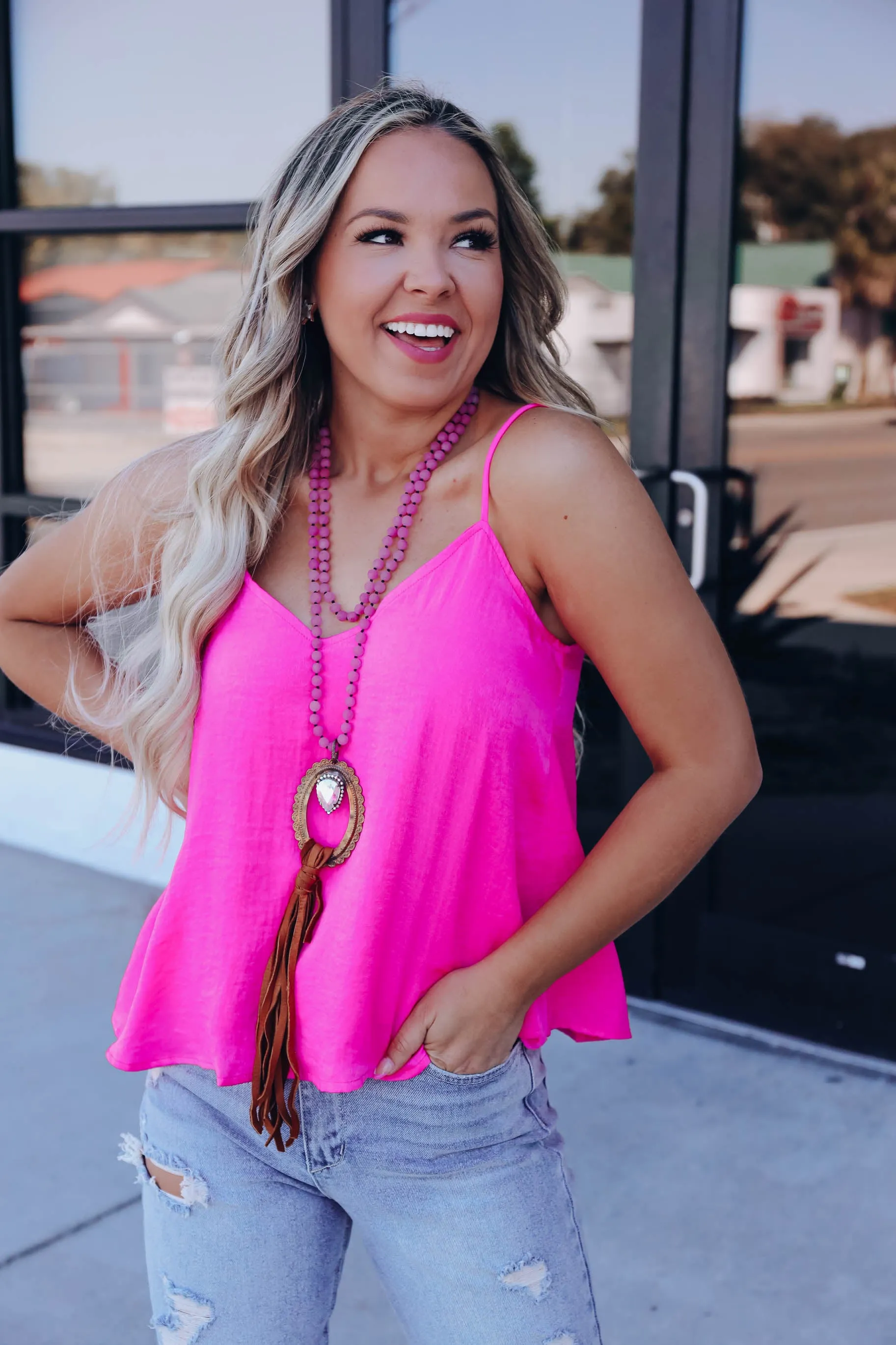 Nicole Satin Cami Top - Neon Fuchsia