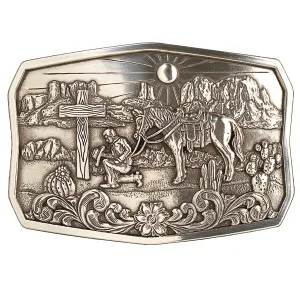 Nocona Antique Silver Praying Cowboy Desert Scene Rectangle Buckle
