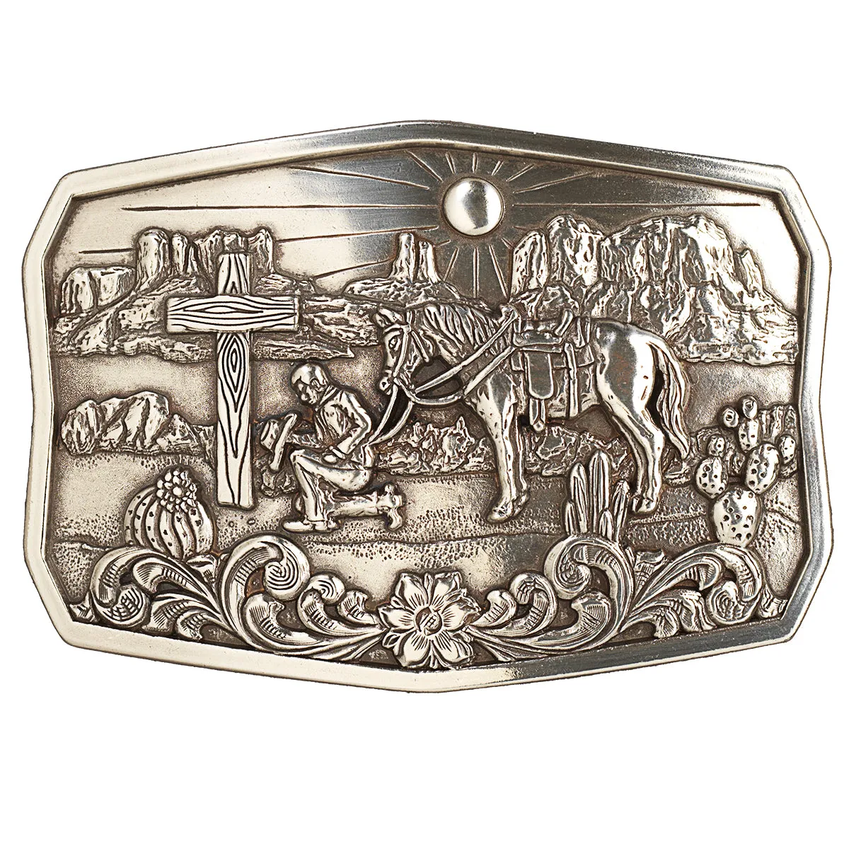 Nocona Antique Silver Praying Cowboy Desert Scene Rectangle Buckle