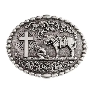 Nocona Oval Beaded Edge Cowboy Prayer Silver Belt Buckle