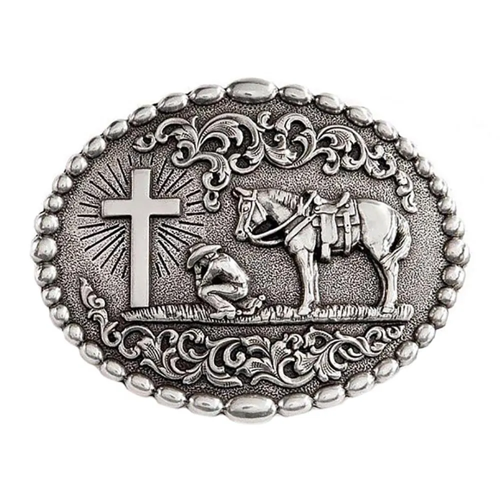 Nocona Oval Beaded Edge Cowboy Prayer Silver Belt Buckle