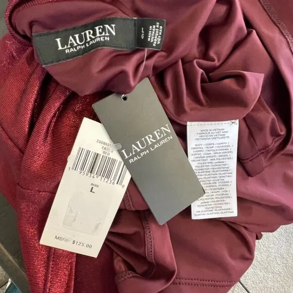 NWT ralph lauren dark red metallic jersey long sleeve lined midi dress large