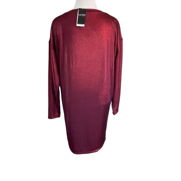 NWT ralph lauren dark red metallic jersey long sleeve lined midi dress large