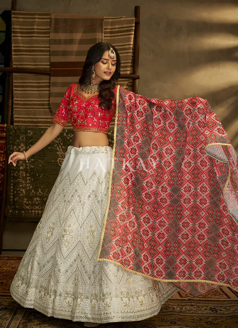 Off White And Red Embroidery Traditional Georgette Lehenga Choli