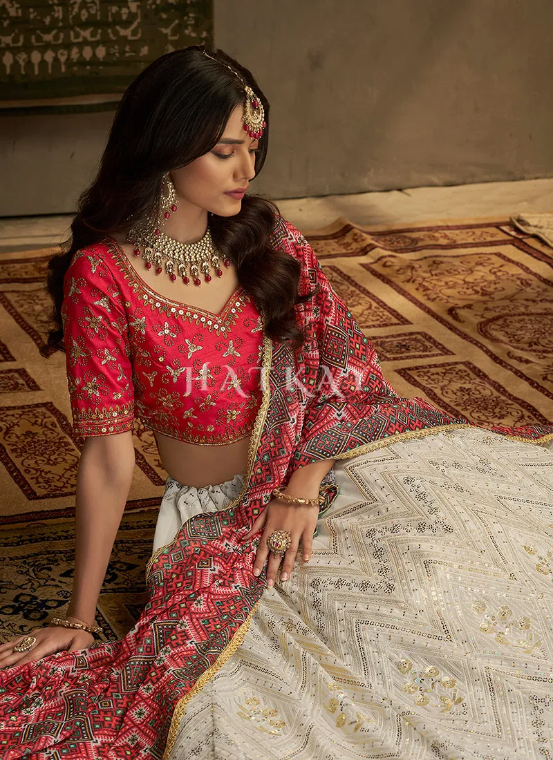 Off White And Red Embroidery Traditional Georgette Lehenga Choli
