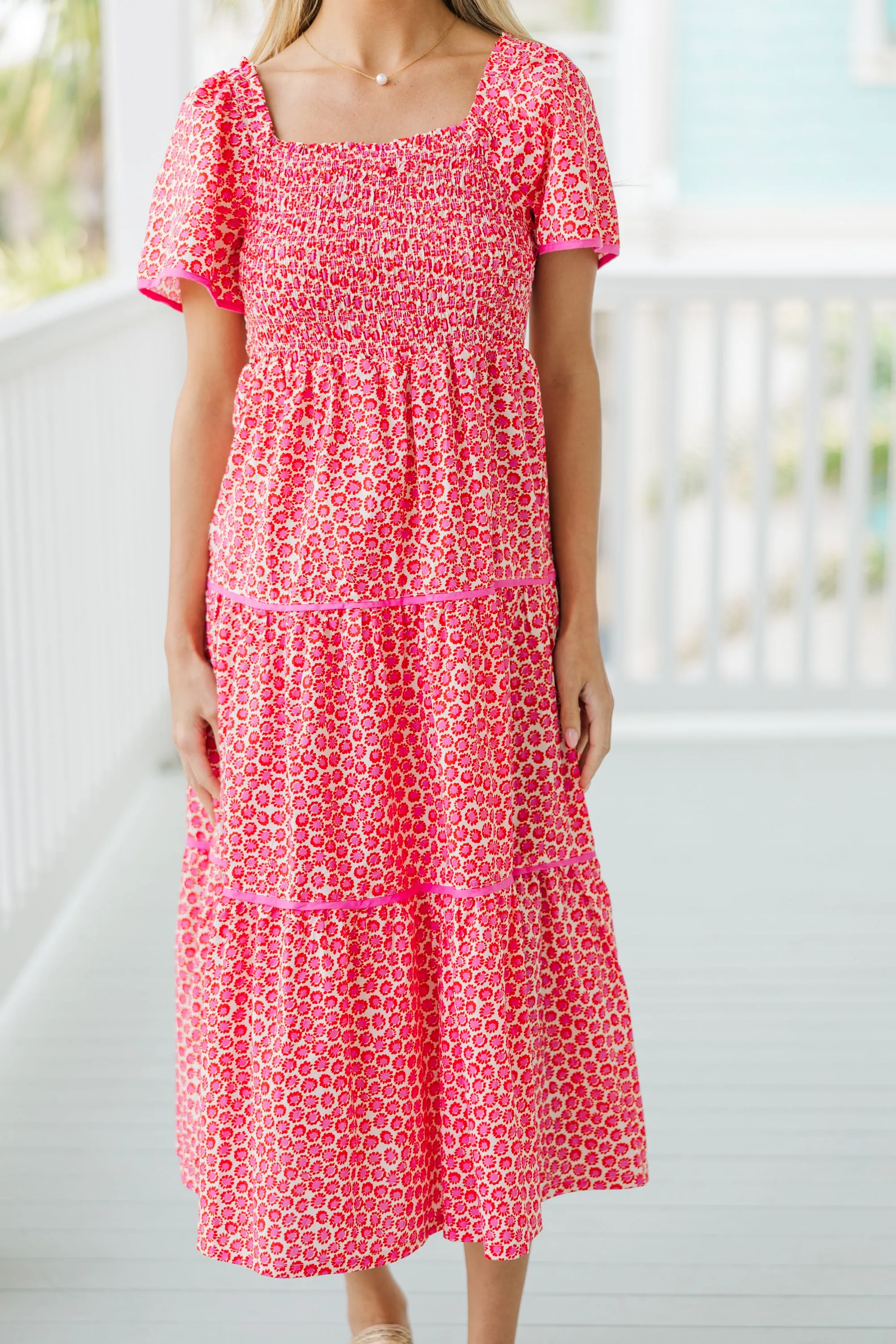 On The Move Pink Ditsy Floral Midi Dress