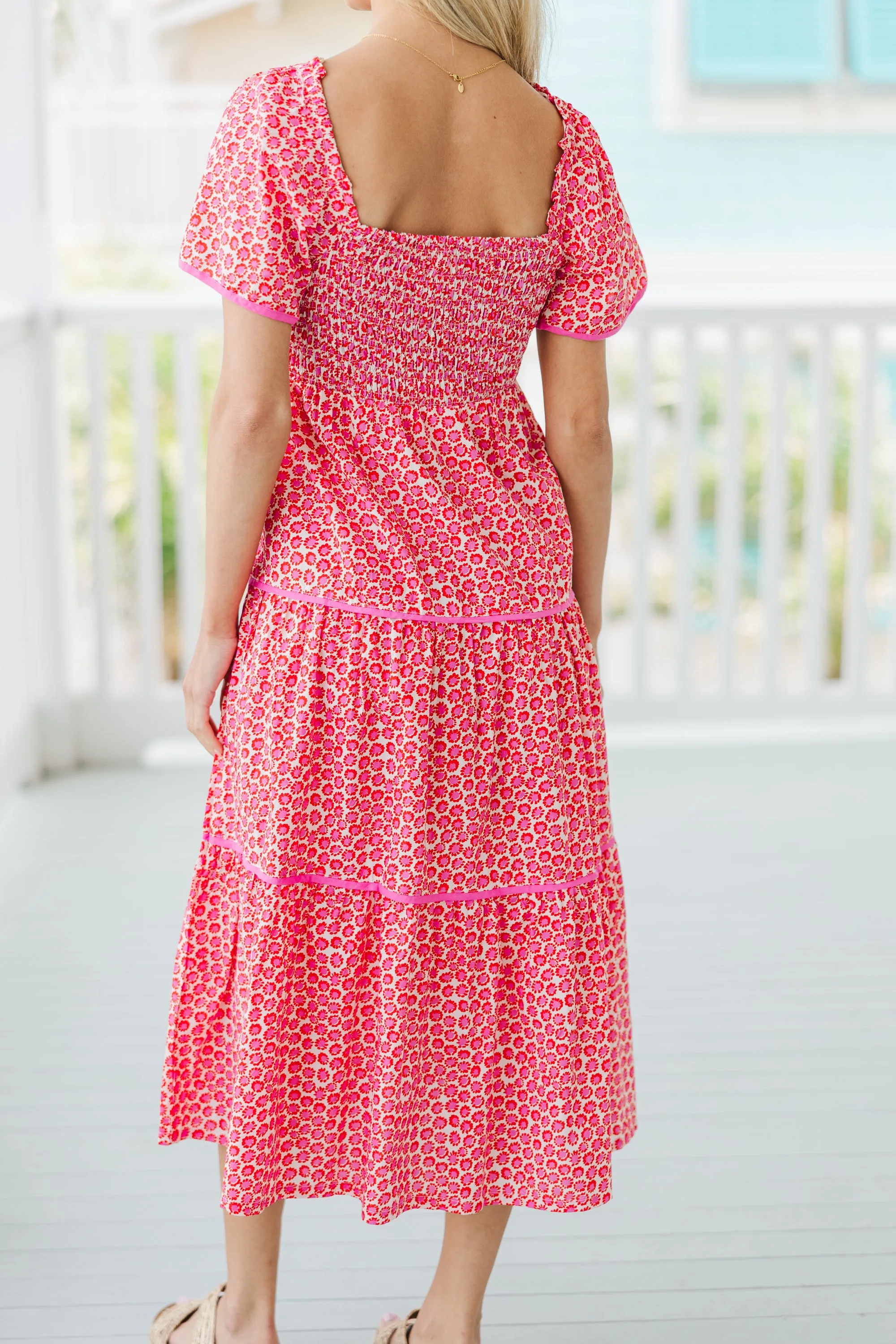 On The Move Pink Ditsy Floral Midi Dress