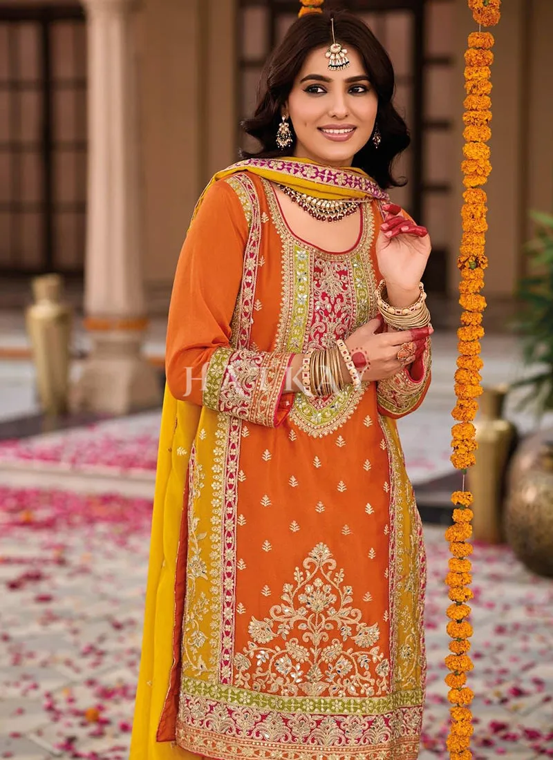Orange And Yellow Embroidery Salwar Suit