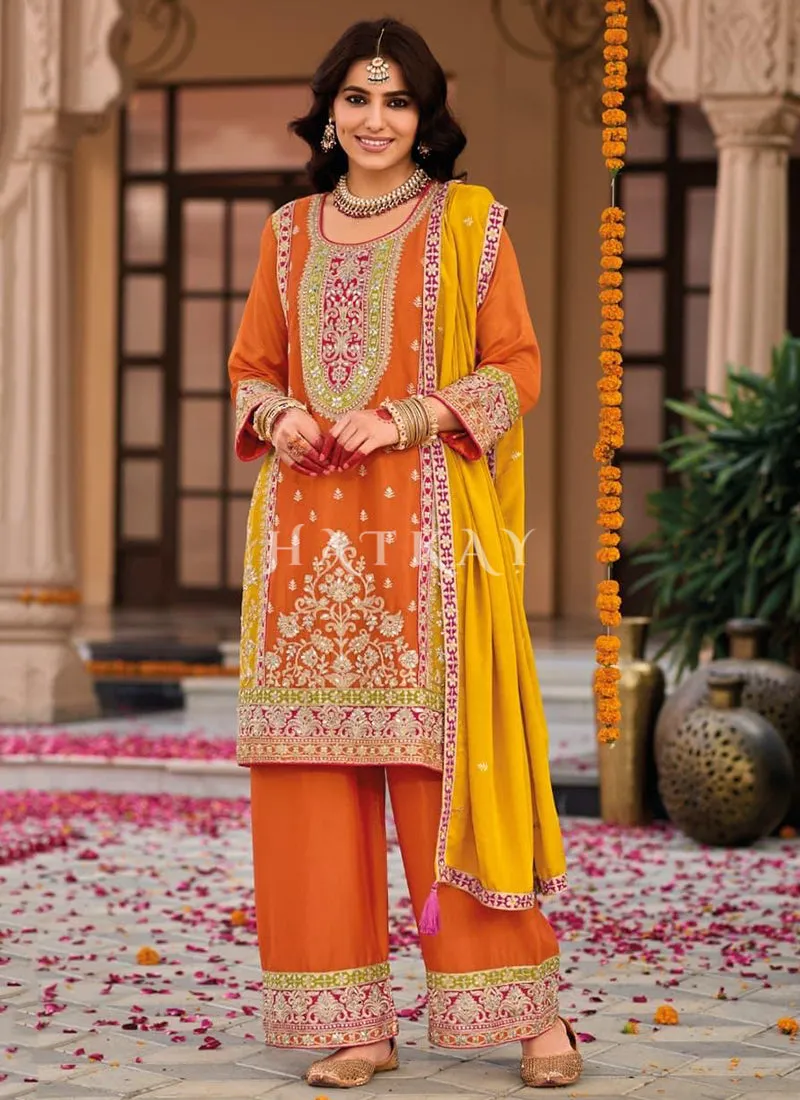 Orange And Yellow Embroidery Salwar Suit
