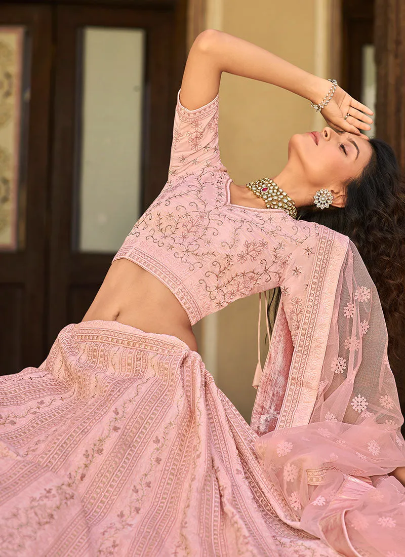 Pale Pink Multi Embroidered Wedding Lehenga Choli